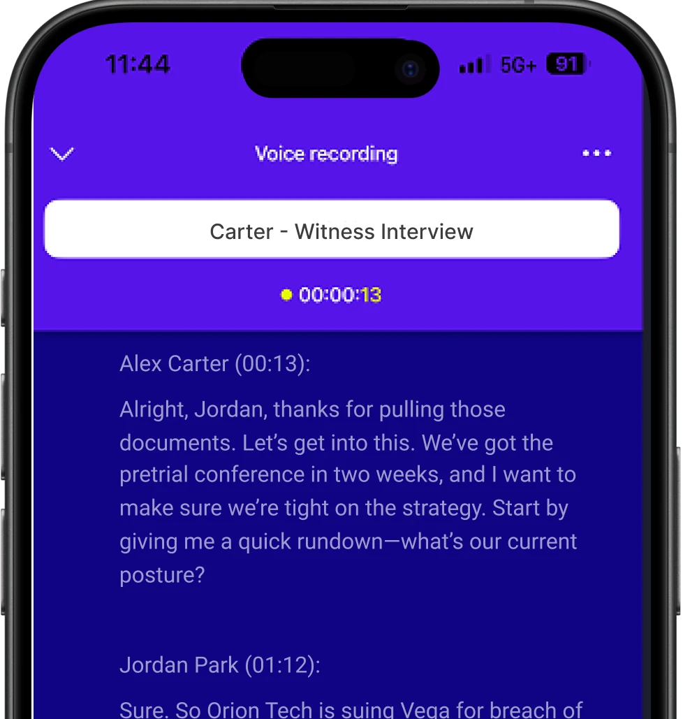 Smartphone screen showing a voice recording titled 'Carter - Witness Interview' with a transcript of a conversation between Alex Carter and Jordan Park discussing strategy for a pretrial conference.