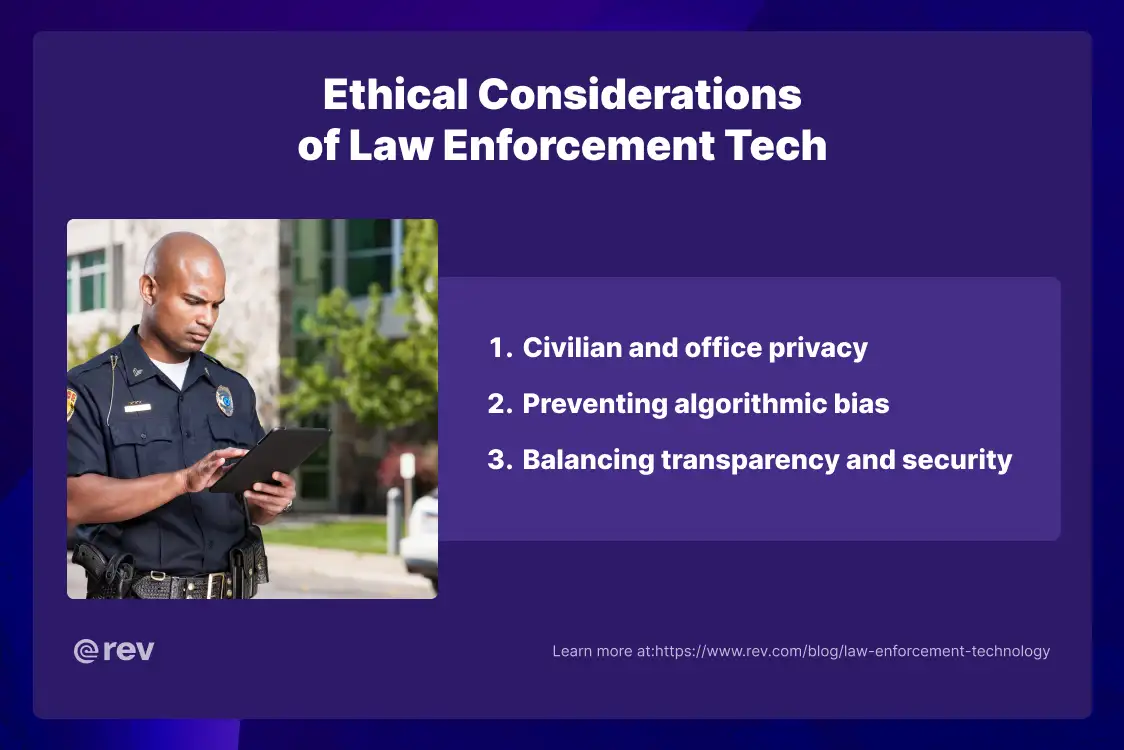 Graphic titled “Ethical Considerations of Law Enforcement Tech” with a list of ethical issues and an image of a police officer standing outside and looking at a tablet.