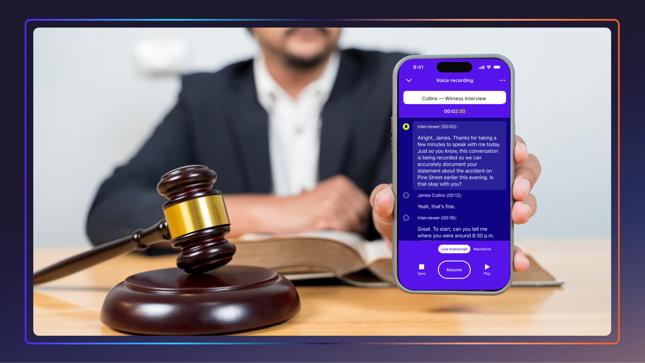 An attorney showing an AI-created legal transcription within the Rev platform his cell phone, next to a judge's gavel.