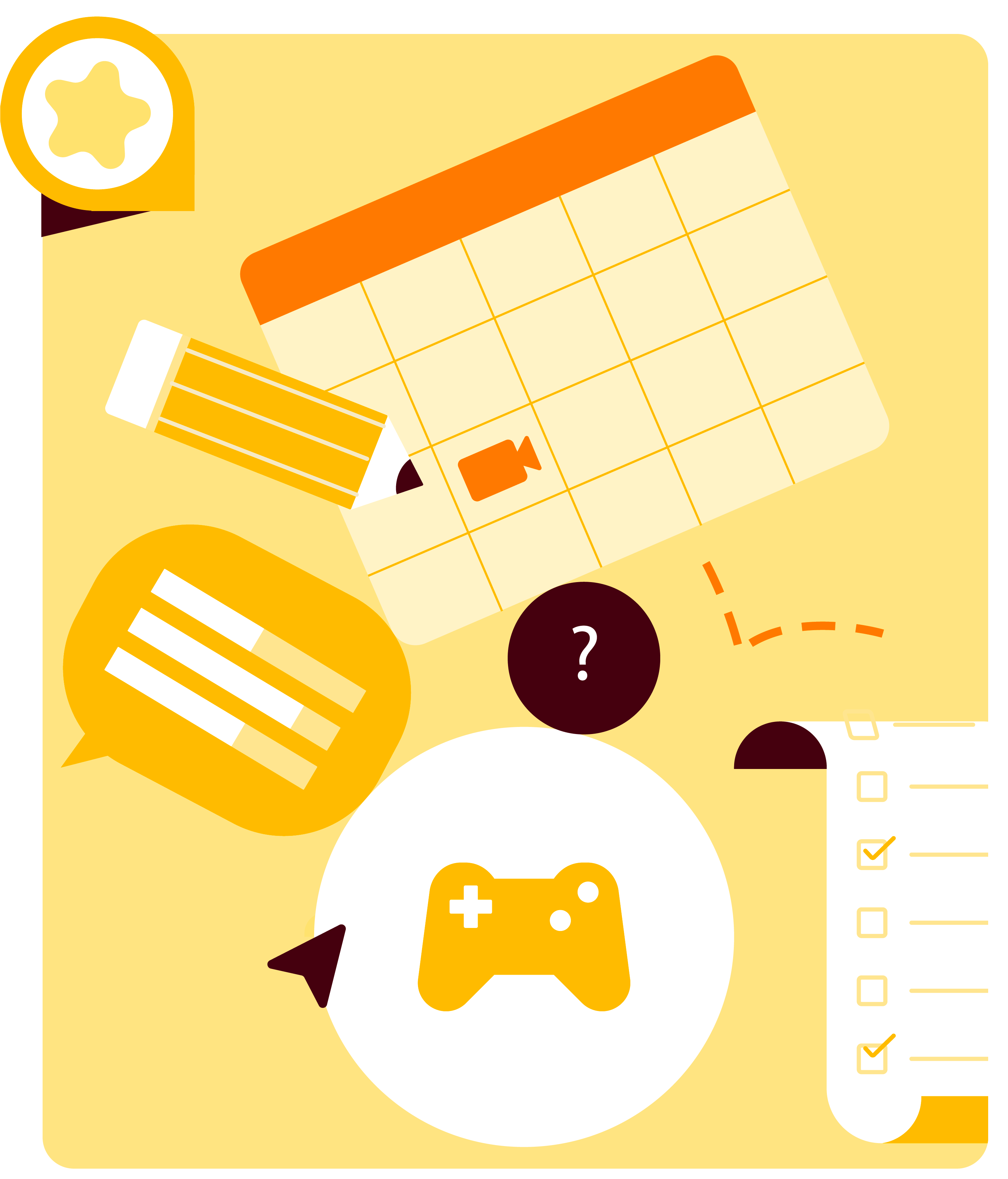 Illustration showing a calendar with a video icon, pencil, speech bubble, game controller, question mark, and a checklist with two checked boxes.