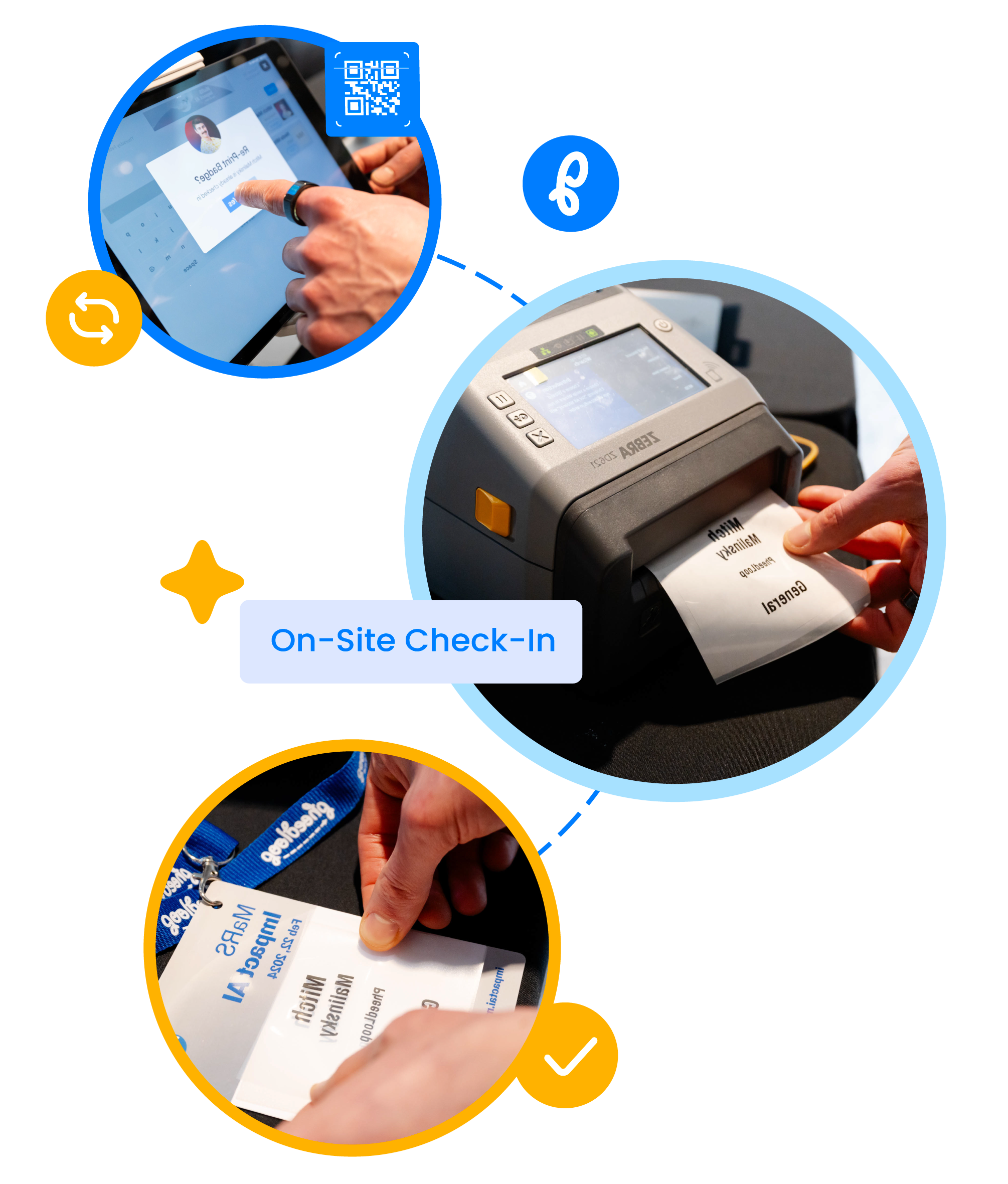 Collage showing on-site check-in process with a person using a touchscreen device, a label printer printing a badge, and hands attaching a badge to a lanyard.